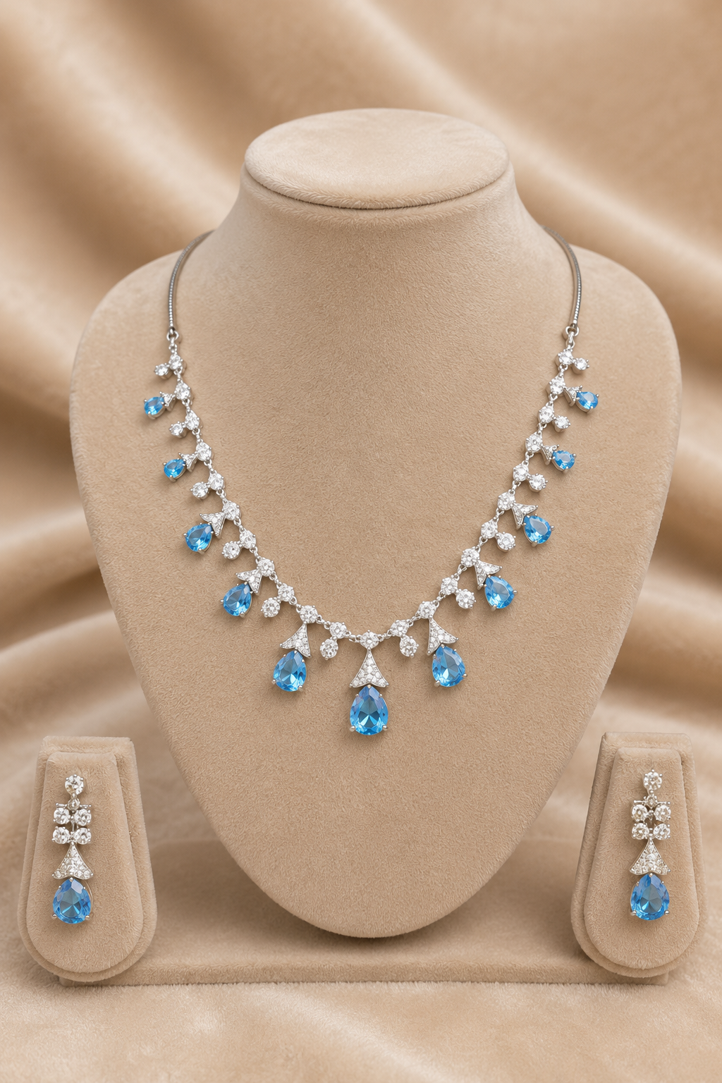Sky Blue Teardrop Stone Necklace Set with Floral Diamond-Studded Detailing