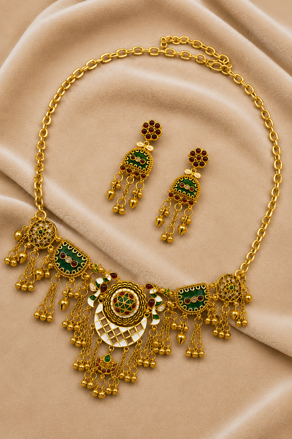 Gold Meenakari Choker Necklace Set with Ghungroo Tassels & Matching Earrings