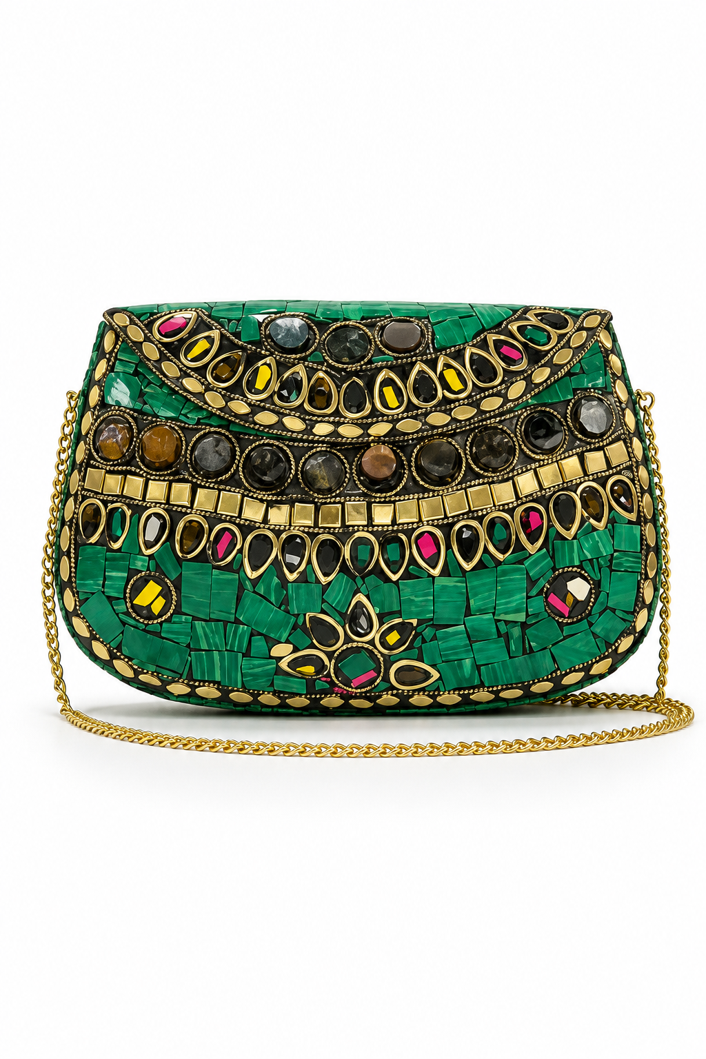 Green Clutch with Multicolor Kundan Stone Work