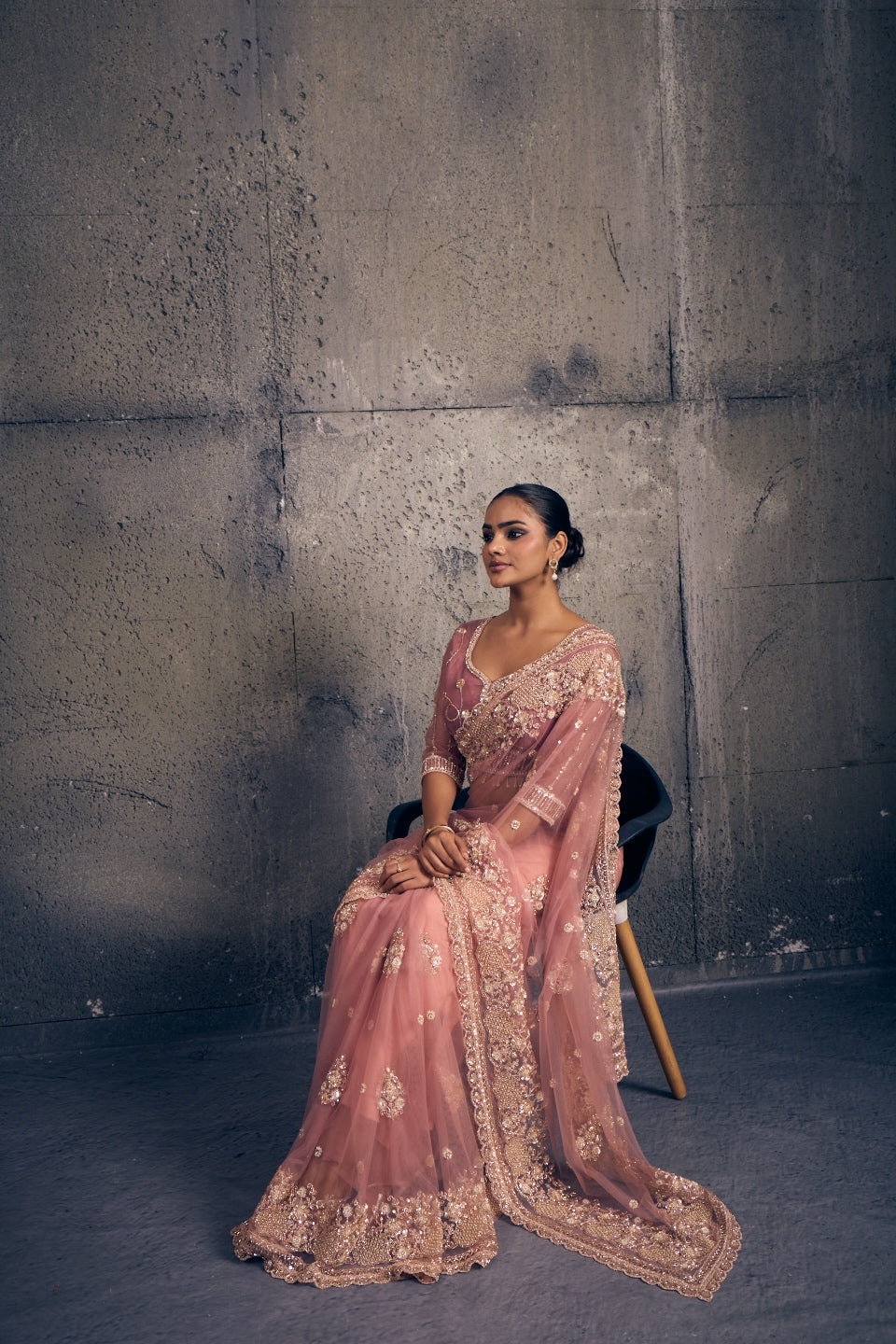 Light Rose Pink Net Saree with Hand Embroidery with Stitched Blouse