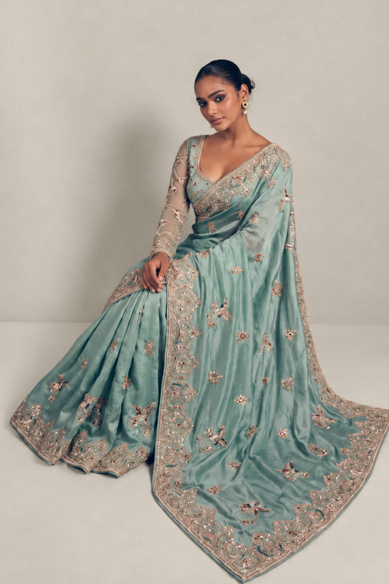 Light Teal Green Organza Silk Saree with Peacock Hand Embroidery with Stitched Blouse