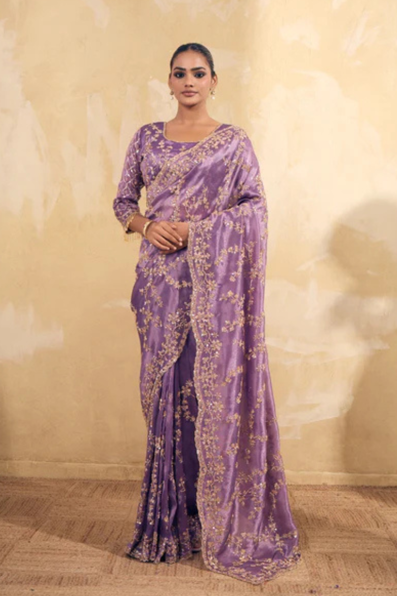Lavendar Purple Organza Silk Saree with Hand Embriodery with Stitched Blouse