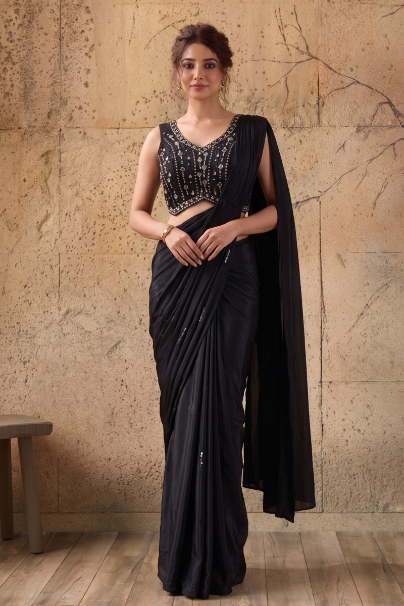 Black Lycra Pre-Draped Saree with Sequin Work and Ready to Wear Blouse