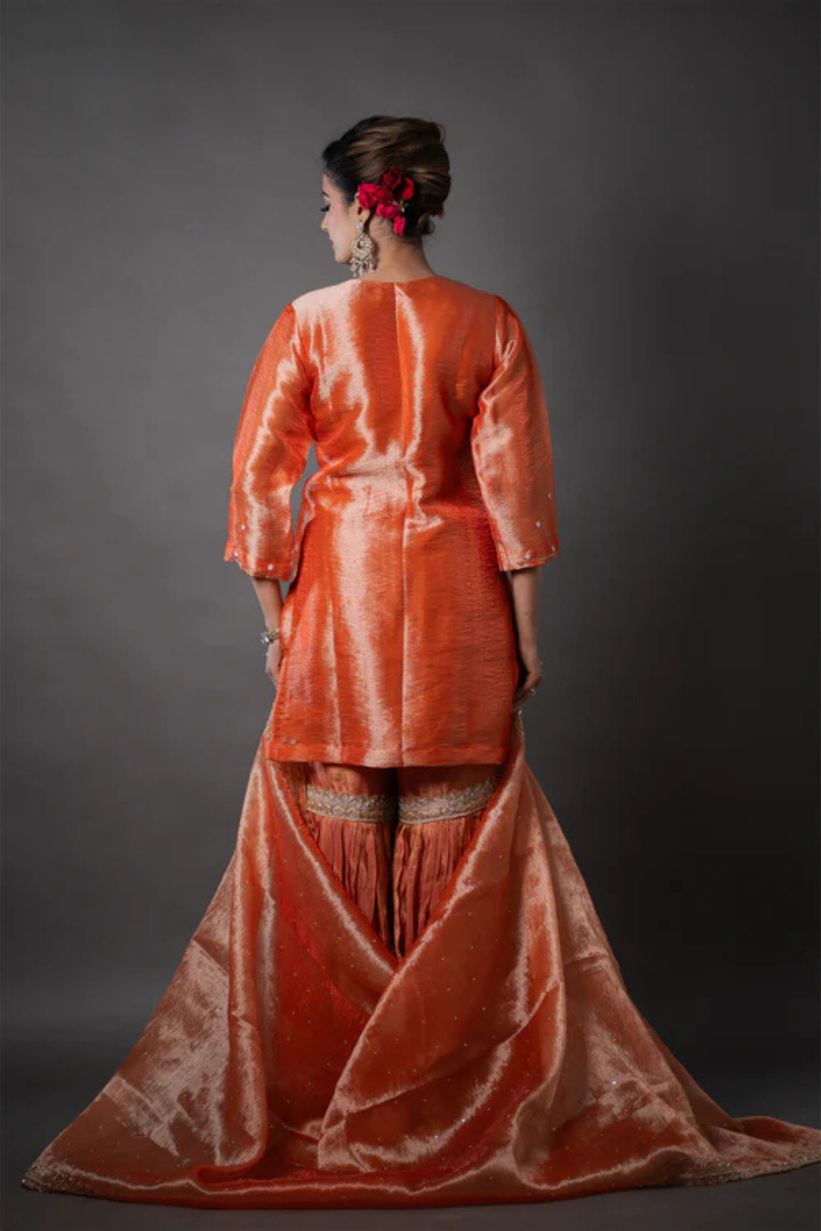 Orange Organza Kurta Gharara Set with Zari, Sequin & Pearl Hand Embroidery Work