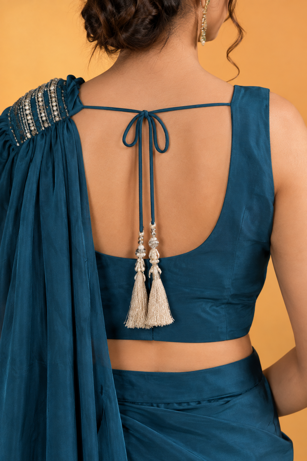 Teal Blue Satin Silk Pre-Draped Saree with Embroidered Work
