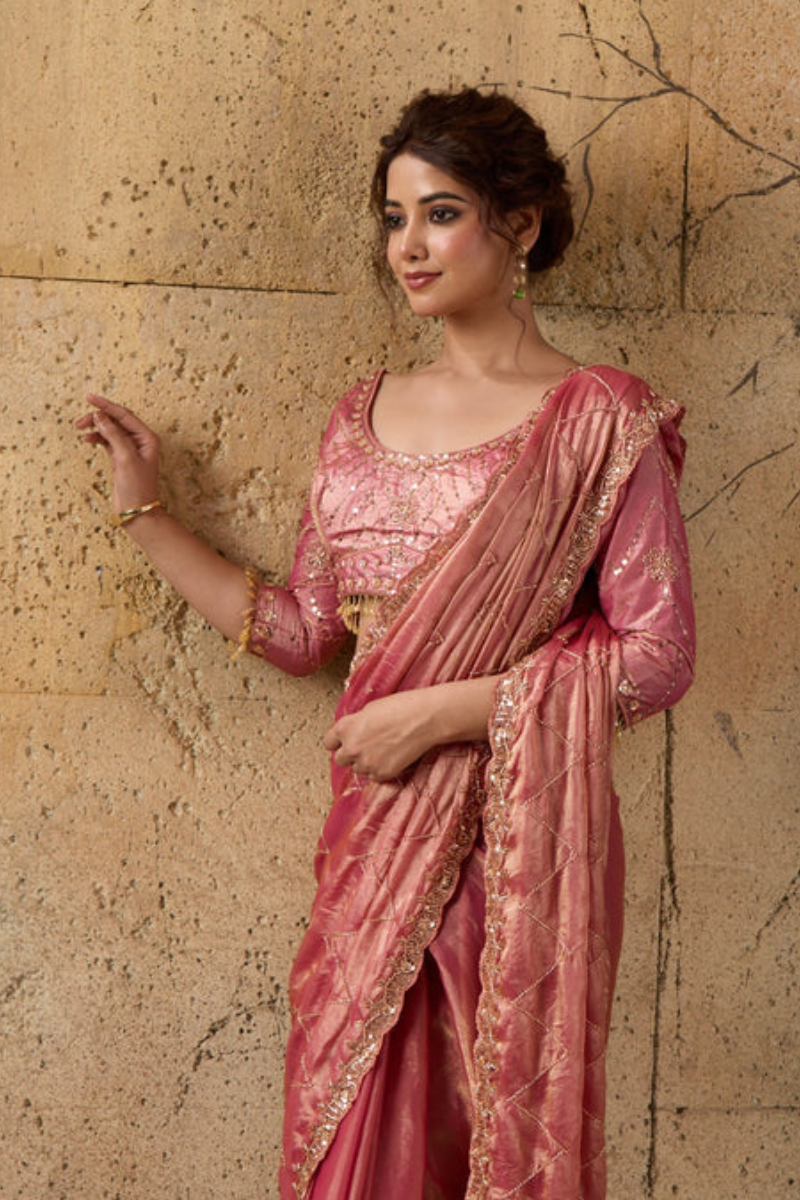 Rose Pink Organza Saree with Hand Embroidery with Stitched Blouse