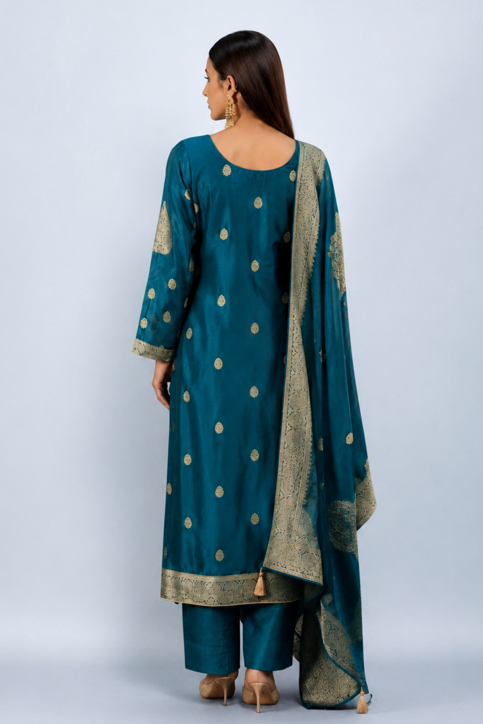 Turquoise Blue Premium Viscose Woven Silk Jacquard Suit Set with Hand Work Design