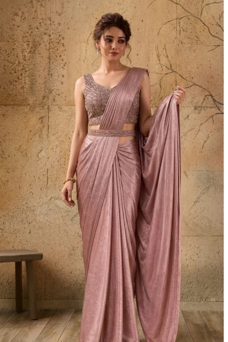 Light Rose Pink Lycra Pre-Draped Saree with Ready to Wear Blouse