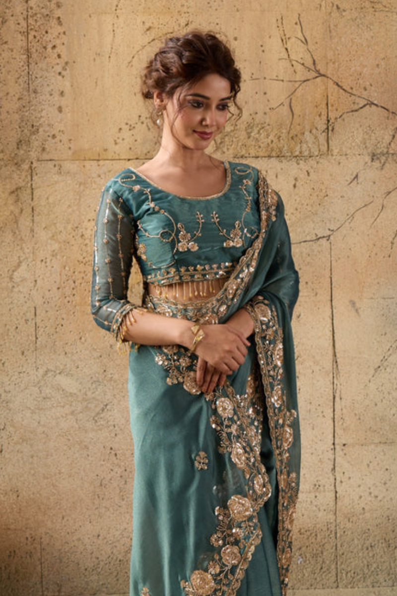 Bottle Green Organza Saree with Floral Hand Embroidery with Stitched Blouse