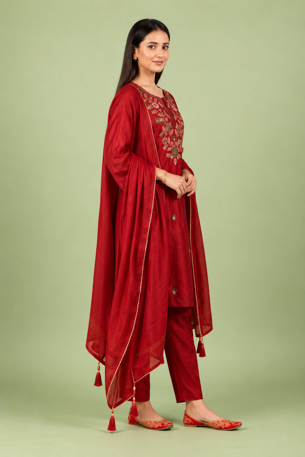 Crimson Silk Kurta Set With Thread Work Embroidery