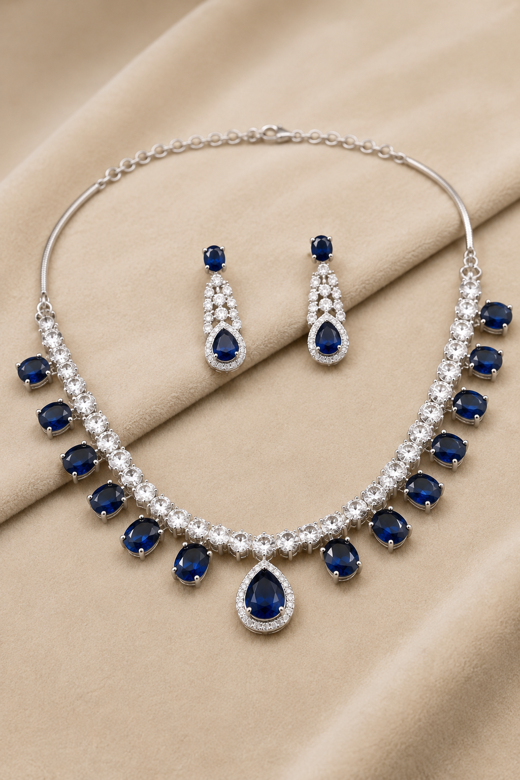 Emerald Teardrop Stone Necklace Set with American Diamond Detailing
