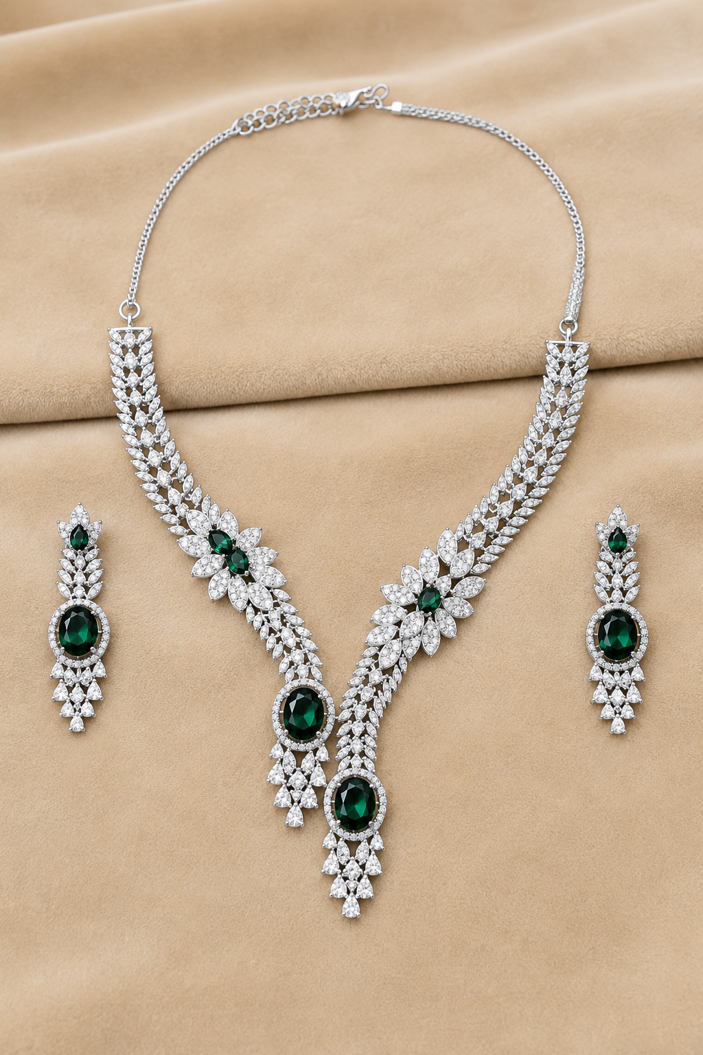 Green Silver-Tone Oval shaped American Diamond Necklace Set with Floral Motif