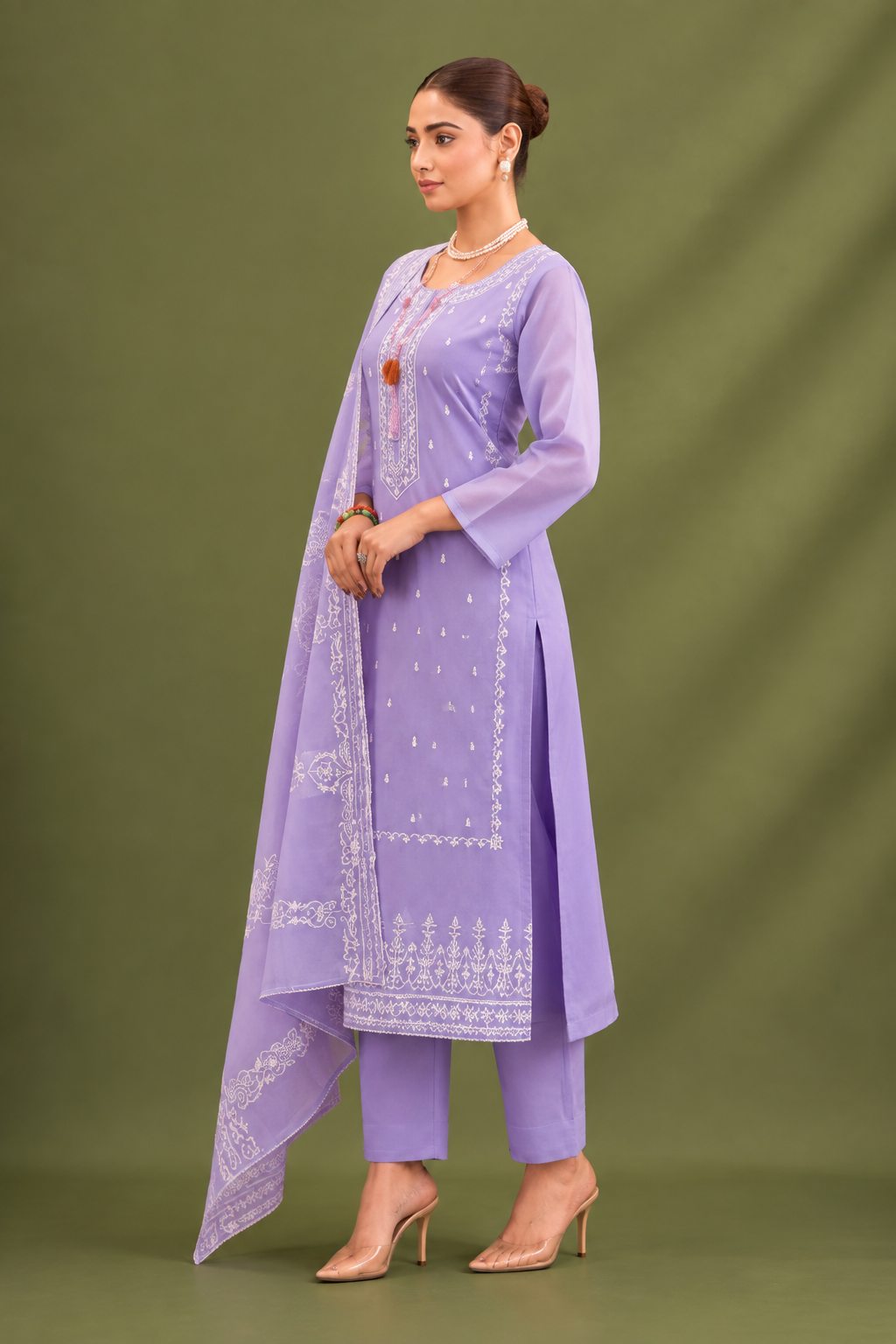 Lavender Mal Cotton Suit Set With Laser Cut Work