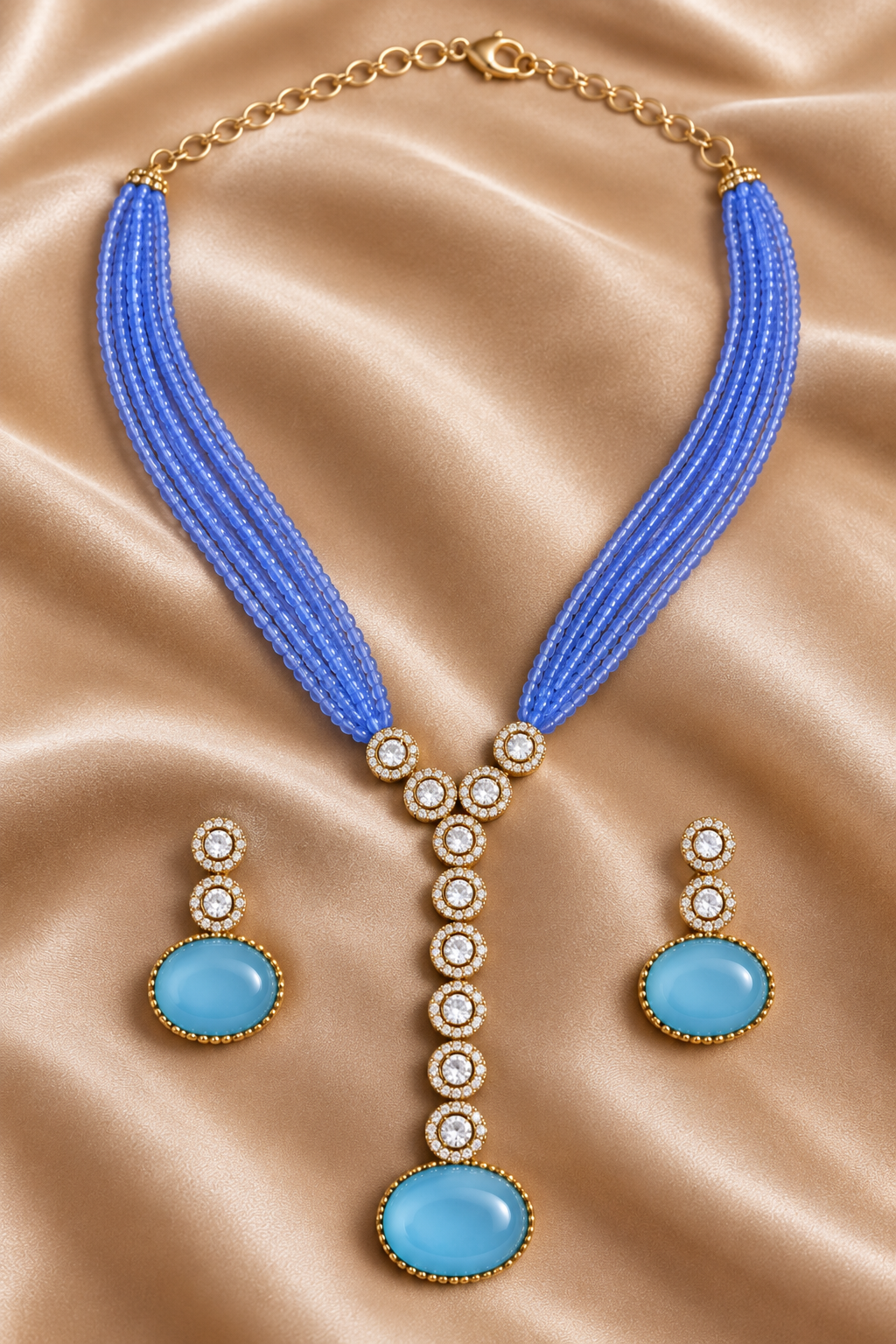 Sky Blue Multi-Strand Beaded Necklace with Antique Gold Oval Pendant & Matching Drop Earrings