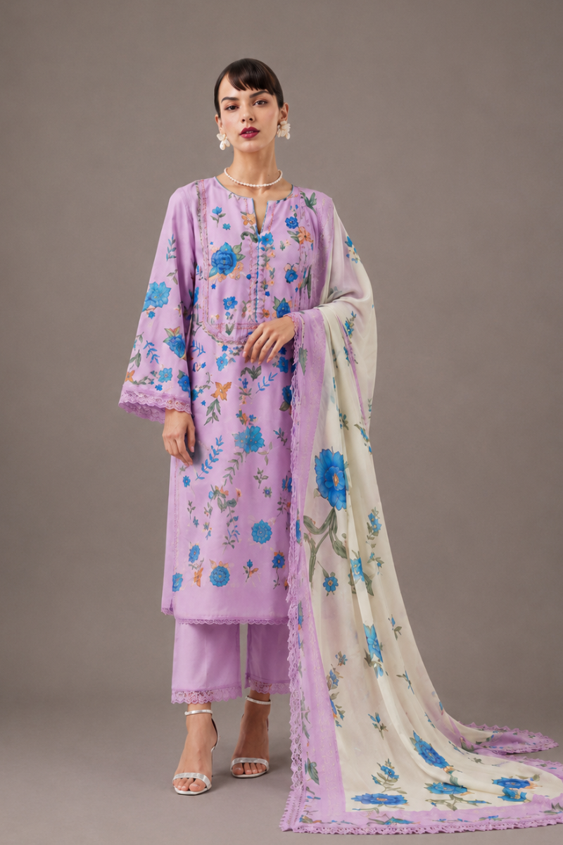 Baby Pink Pure Cotton Lawn Suit Set With Resham Embroidery, Digital Print & Scalloped Crochet Design