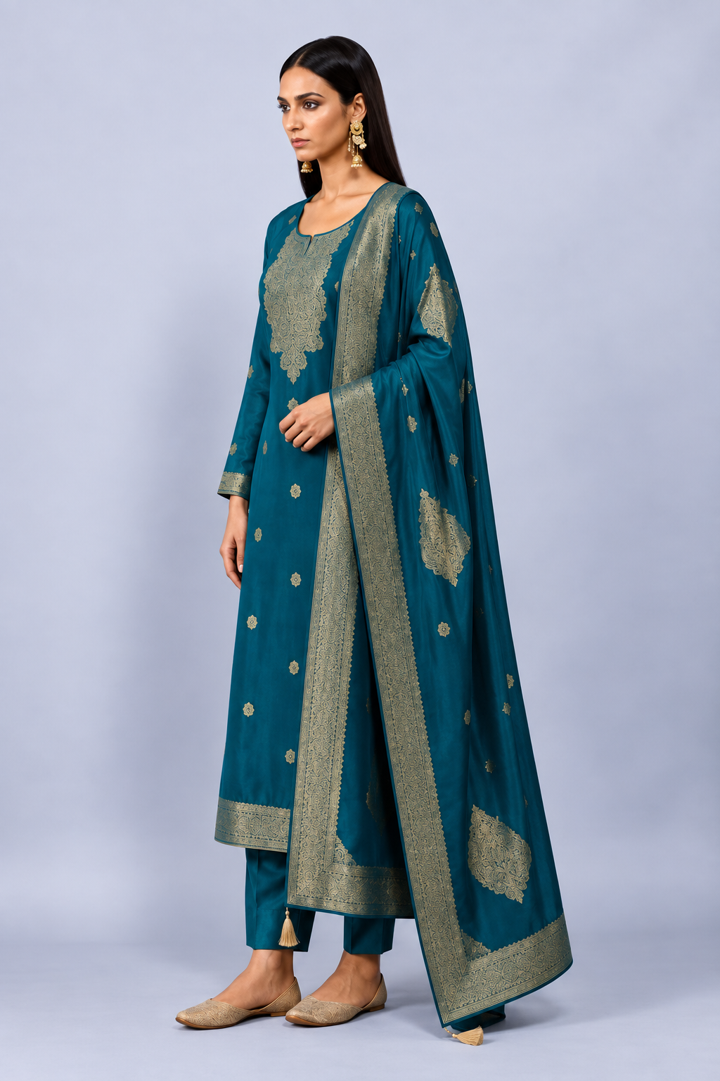 Turquoise Blue Viscose Silk Jacquard Suit Set With Hand Work