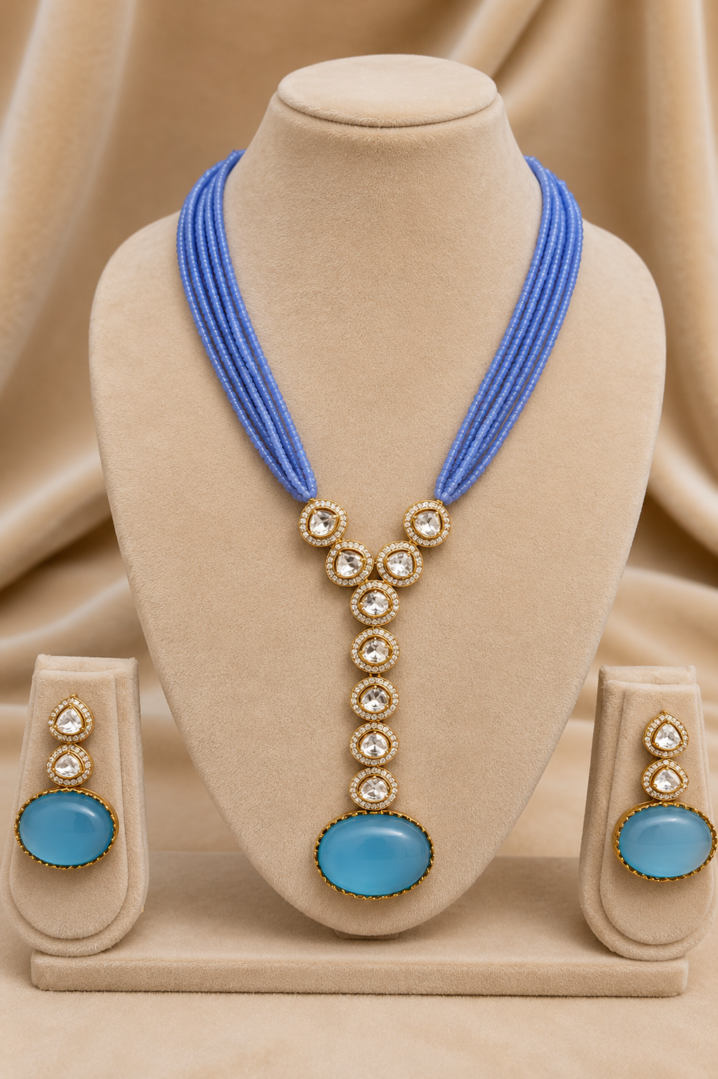Sky Blue Multi-Strand Beaded Necklace with Antique Gold Oval Pendant & Matching Drop Earrings