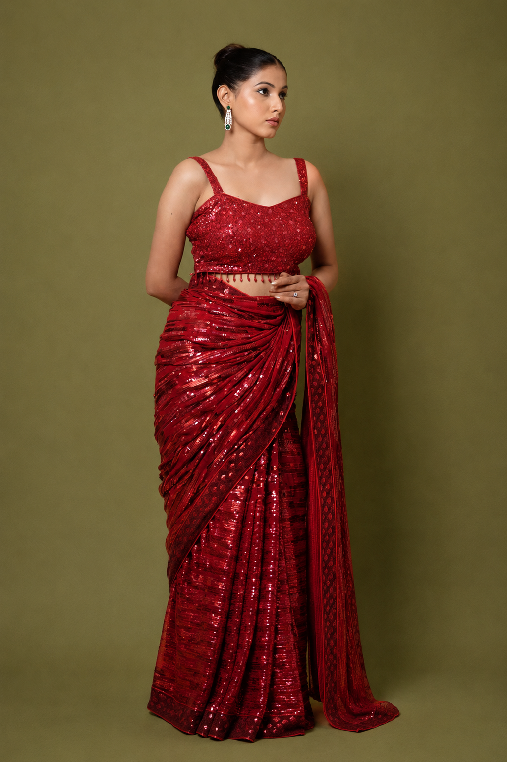 Hot Red Georgette Saree with All-Over Sequin Embroidery With Ready To Wear Blouse