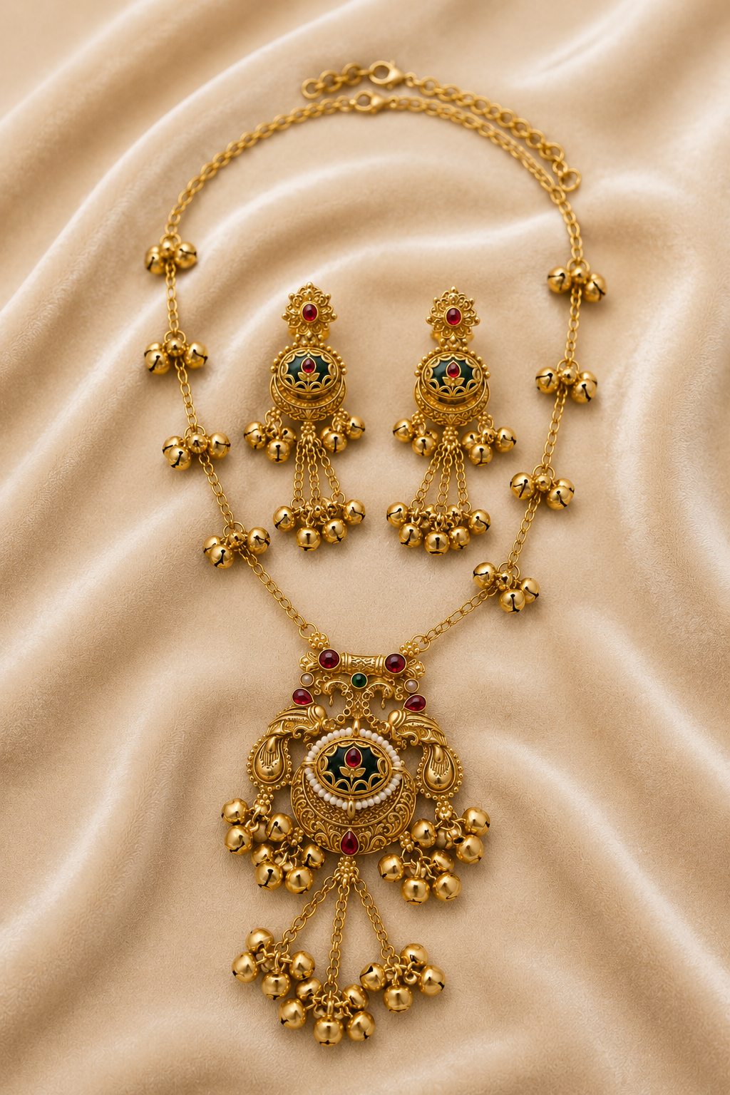 Gold-Tone Anti-Tarnish Long Necklace Set With Peacock Design