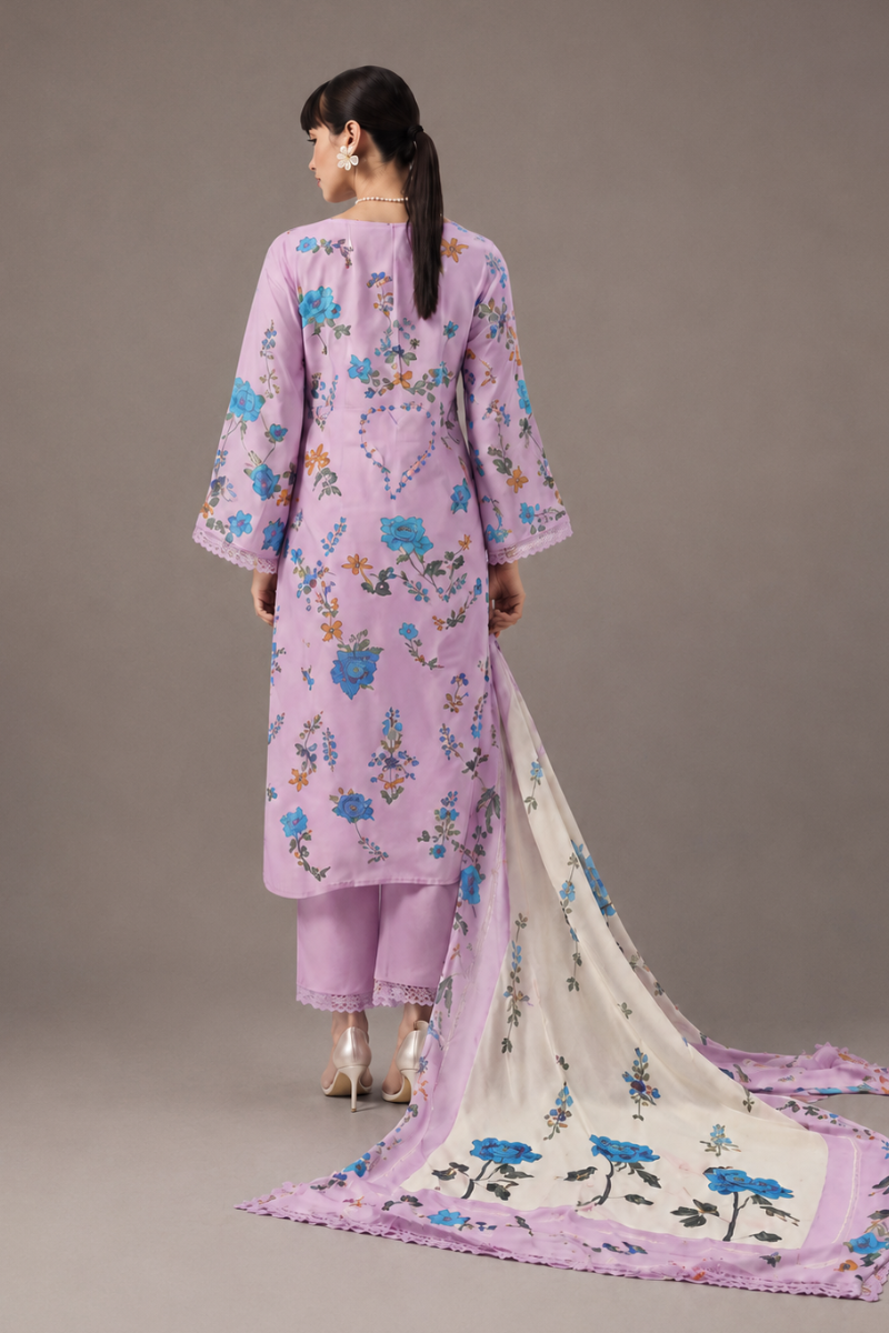 Baby Pink Pure Cotton Lawn Suit Set With Resham Embroidery, Digital Print & Scalloped Crochet Design