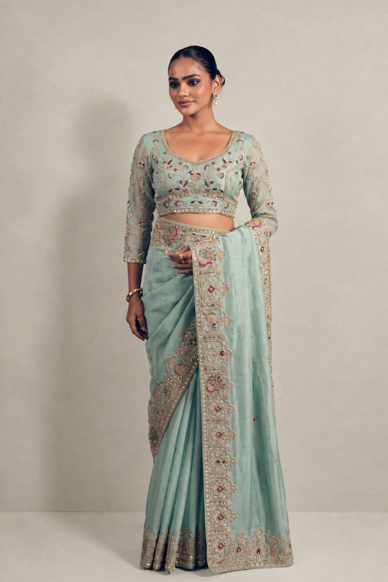 Light Teal Green Organza Silk Saree with Peacock Hand Embroidery with Stitched Blouse