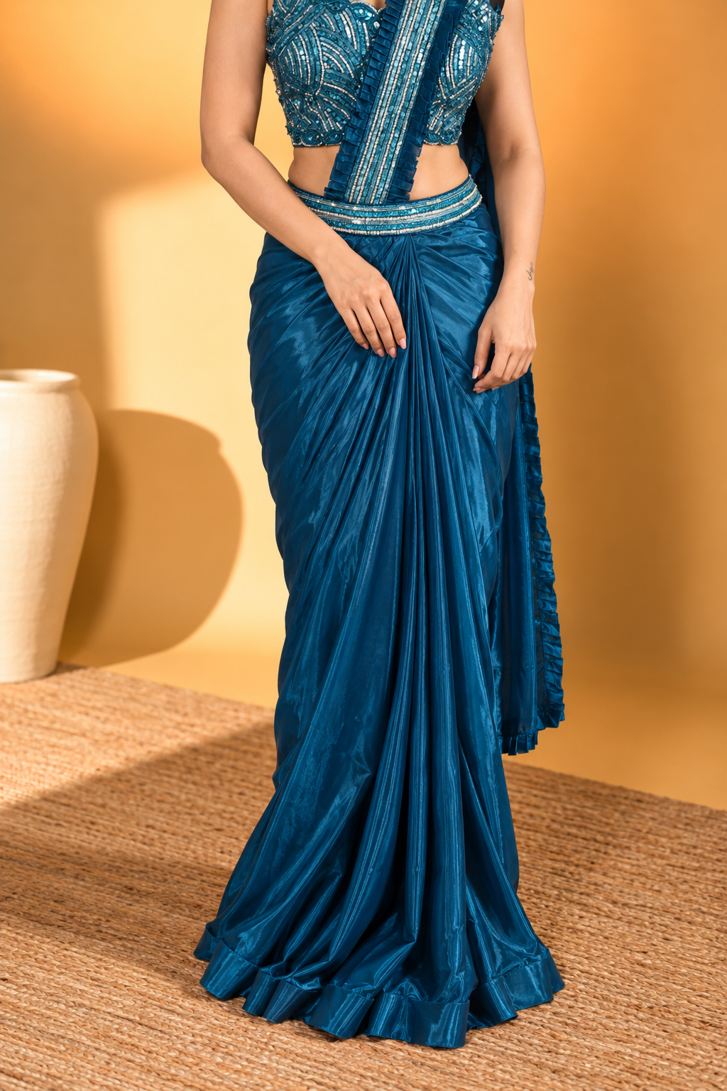 Teal Blue Satin Silk Pre-Draped Saree with Embroidered Work