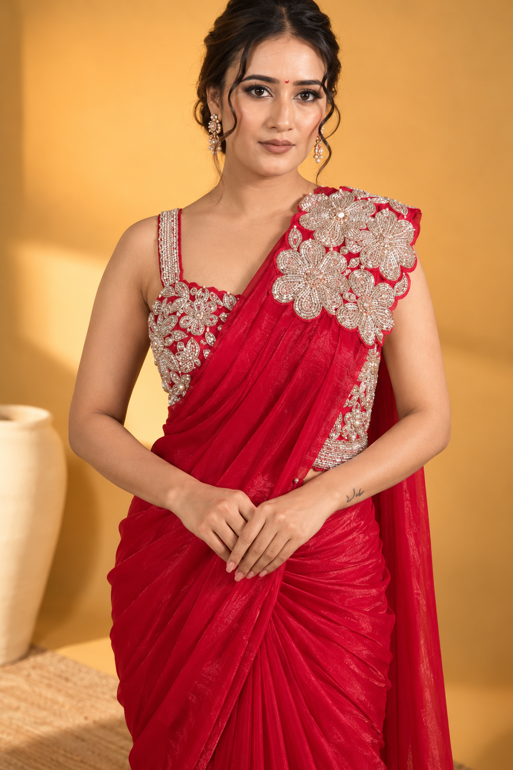 Red Lycra Pre-Draped Saree with Floral Embroidery