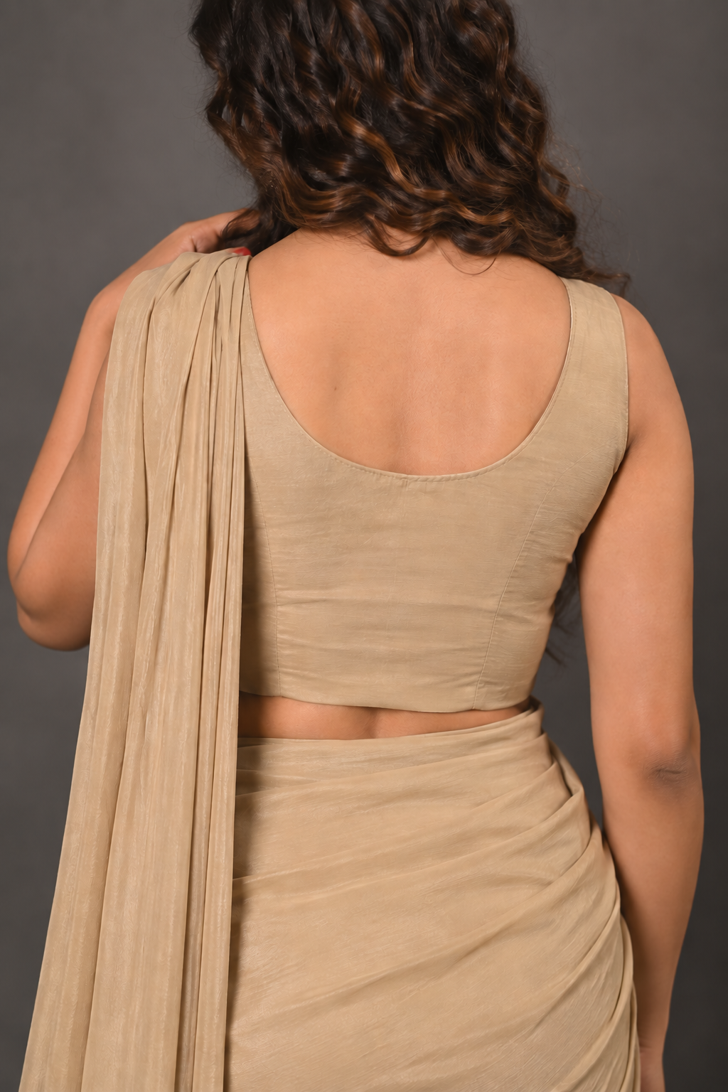 Champagne Beige Lycra Pre-Draped Saree with Sequin Embroidered Blouse