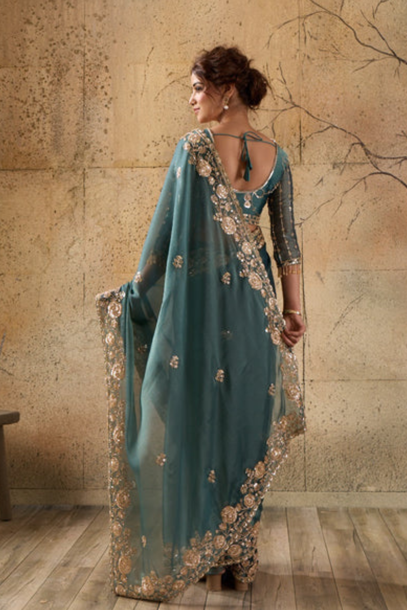 Bottle Green Organza Saree with Floral Hand Embroidery with Stitched Blouse