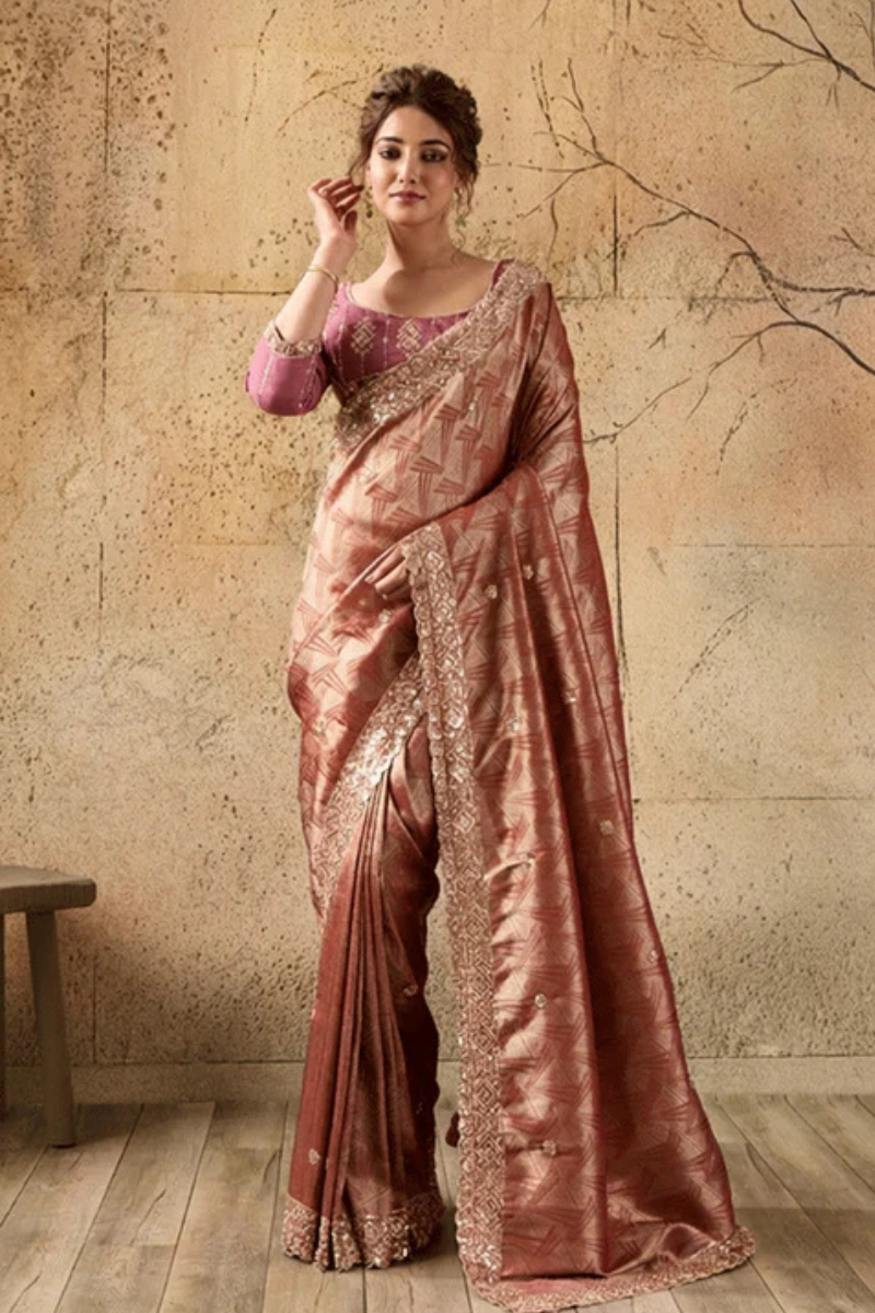 Pink Organza Silk Saree with Zari Hand Embroidery with Stitched Blouse