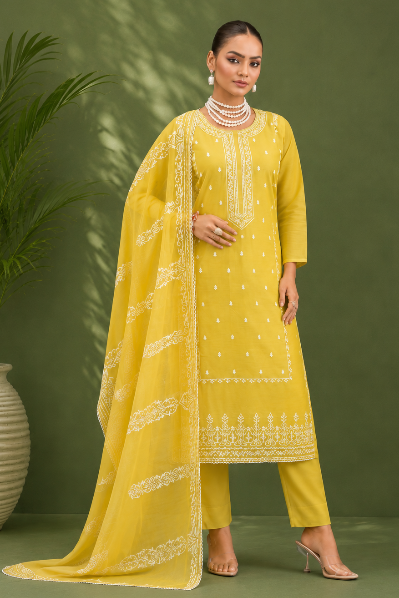 Mustard Yellow Pure Mal Cotton Suit Set with Laser Cut Work Design