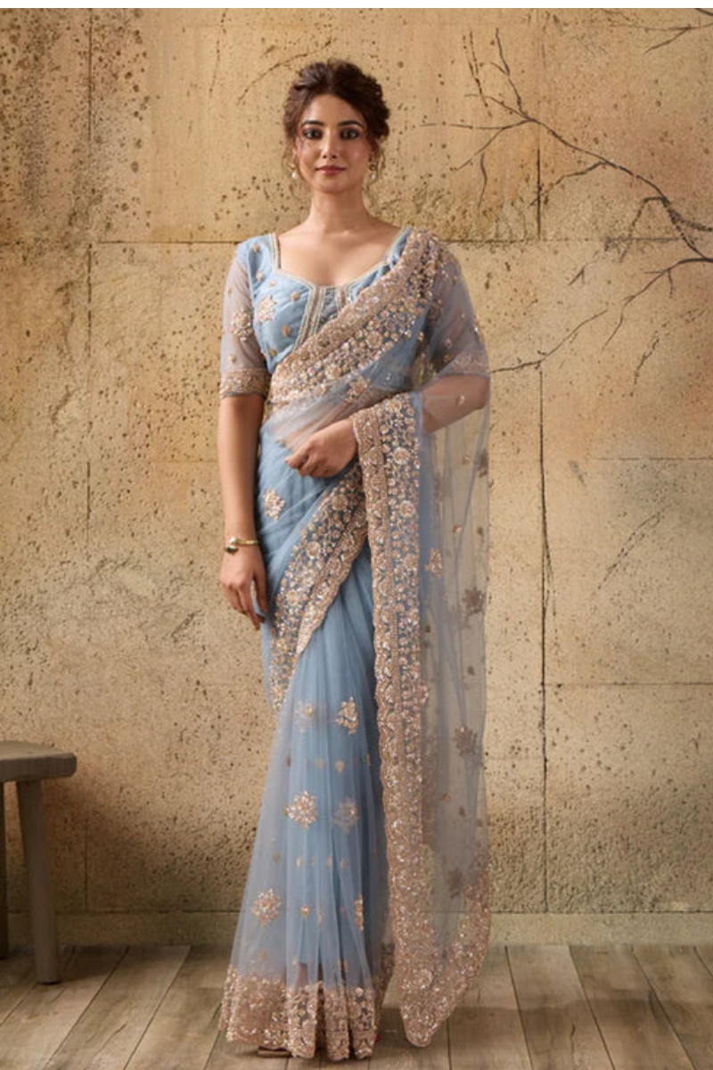 Dusty Blue Net Saree with Hand Embroidery with Stitched Blouse