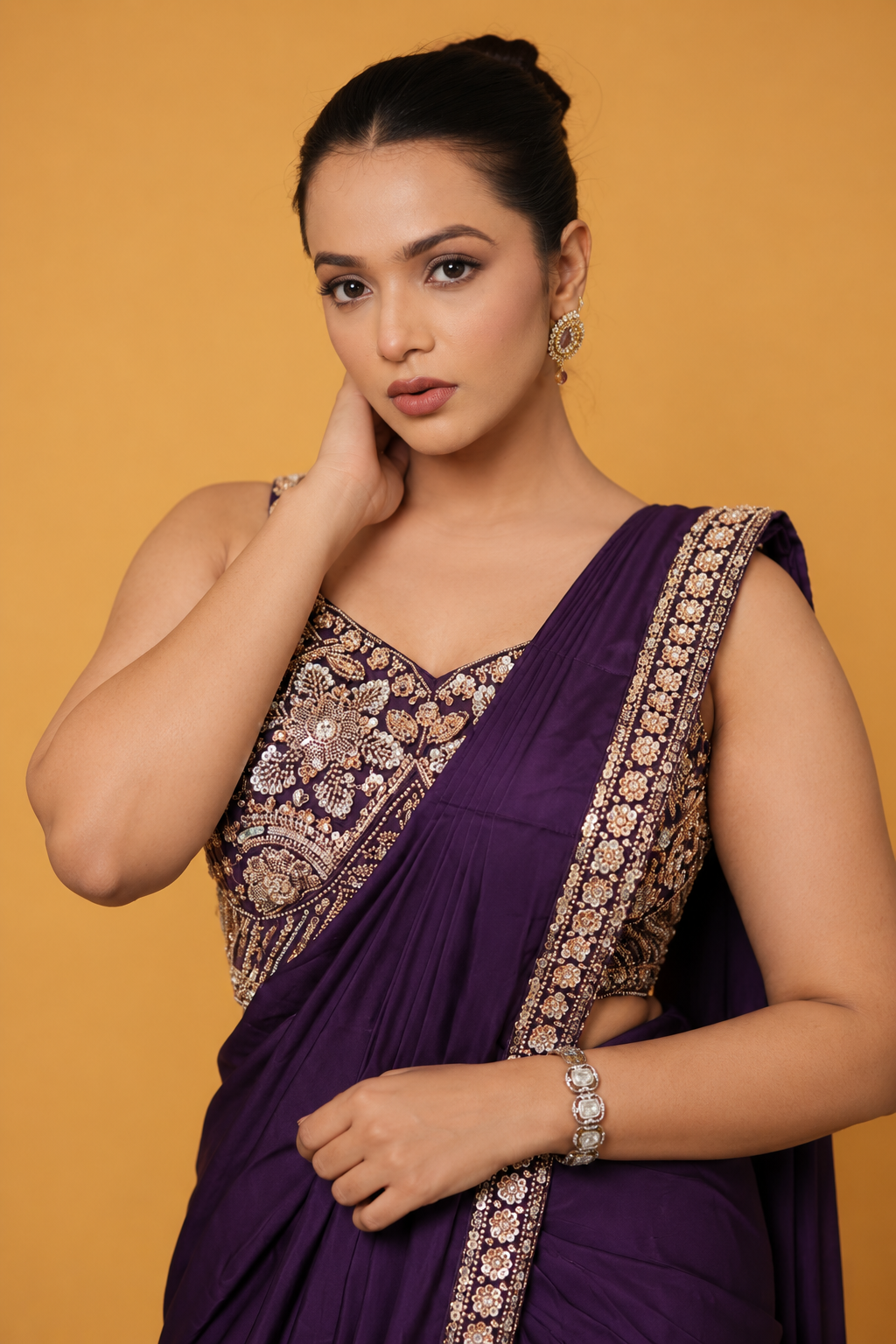 Dark Purple Satin Silk Pre-Draped Saree with Embroidered Border