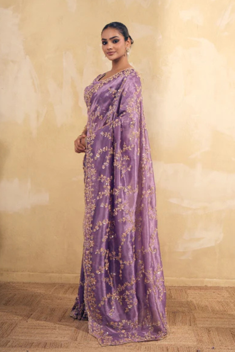 Lavendar Purple Organza Silk Saree with Hand Embriodery with Stitched Blouse