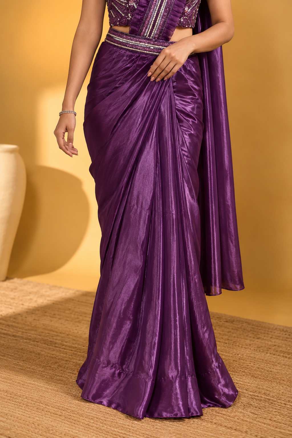 Dark Purple Satin Silk Pre-Draped Saree with Embroidered Work