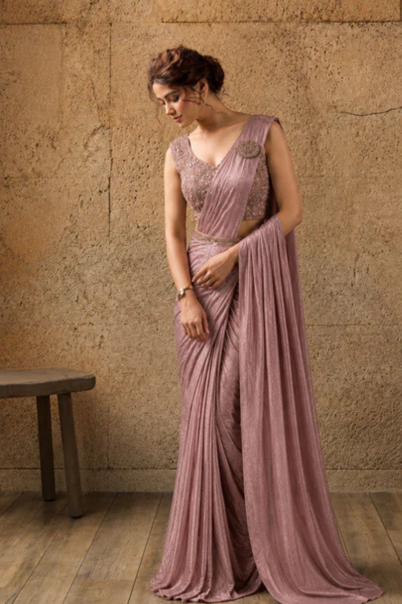 Light Rose Pink Lycra Pre-Draped Saree with Ready to Wear Blouse