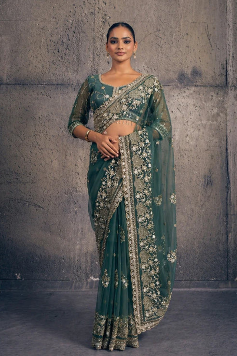 Emerald Green Net Saree with Hand Embroidery with Stitched Blouse