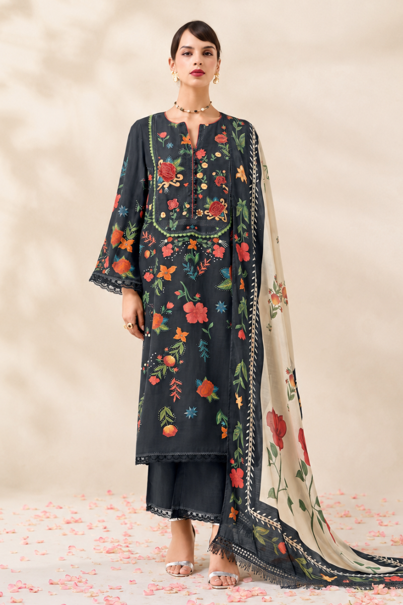 Black Pure Cotton Lawn Suit Set With Resham Embroidery, Digital Print & Scalloped Crochet Design
