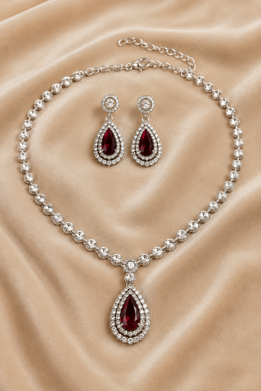 Purple Garnet American Diamond Tear Drop Earrings & Necklace Jewellery Set