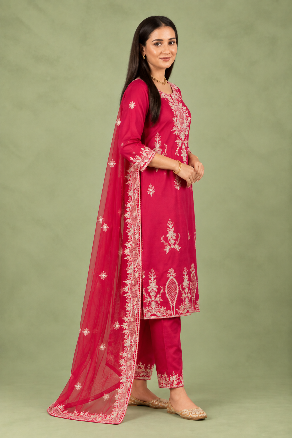 Red Silk Kurta Set With Lucknowi Embroidery