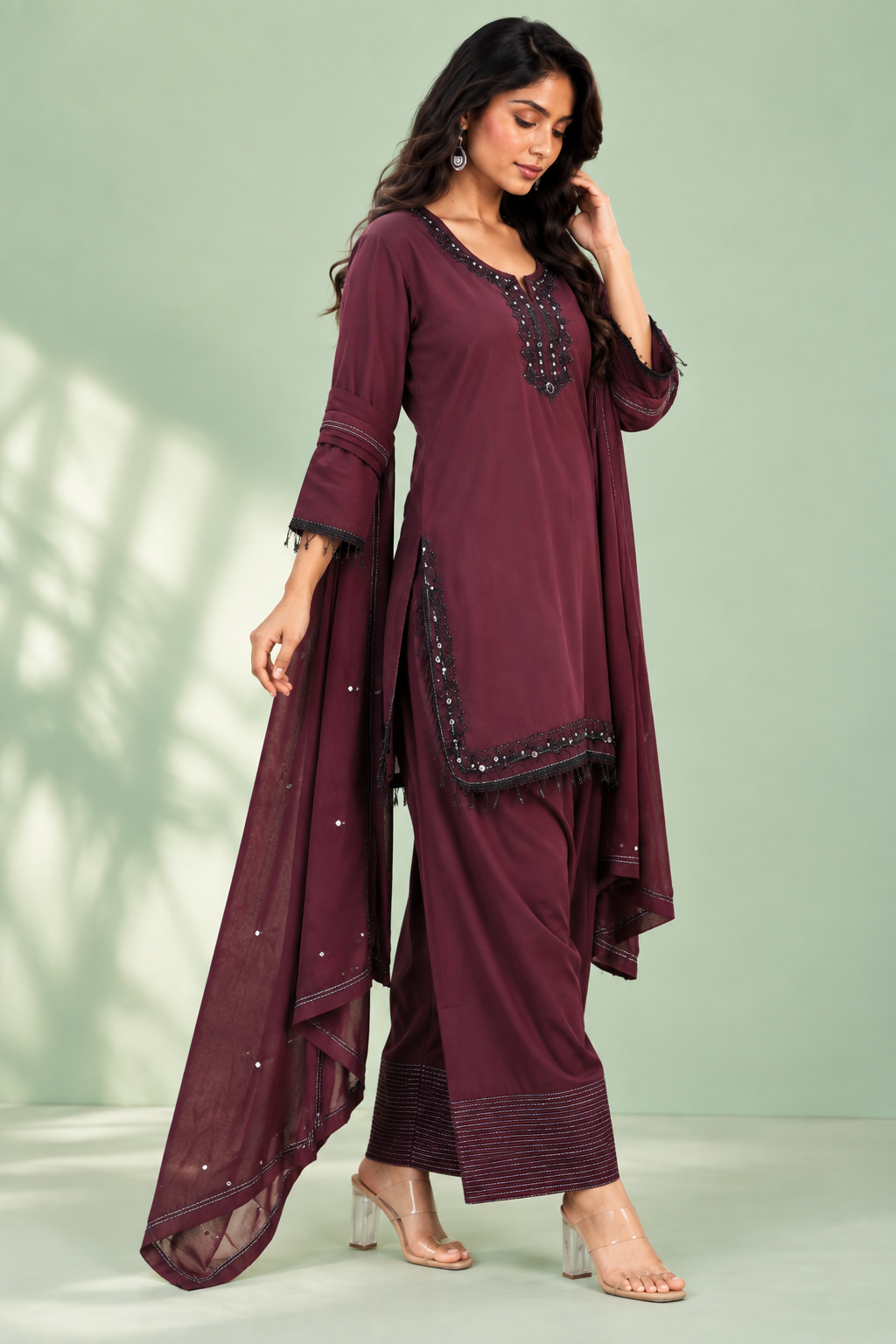 Wine Purple Silk Farsi Set With Mirror Embroidery