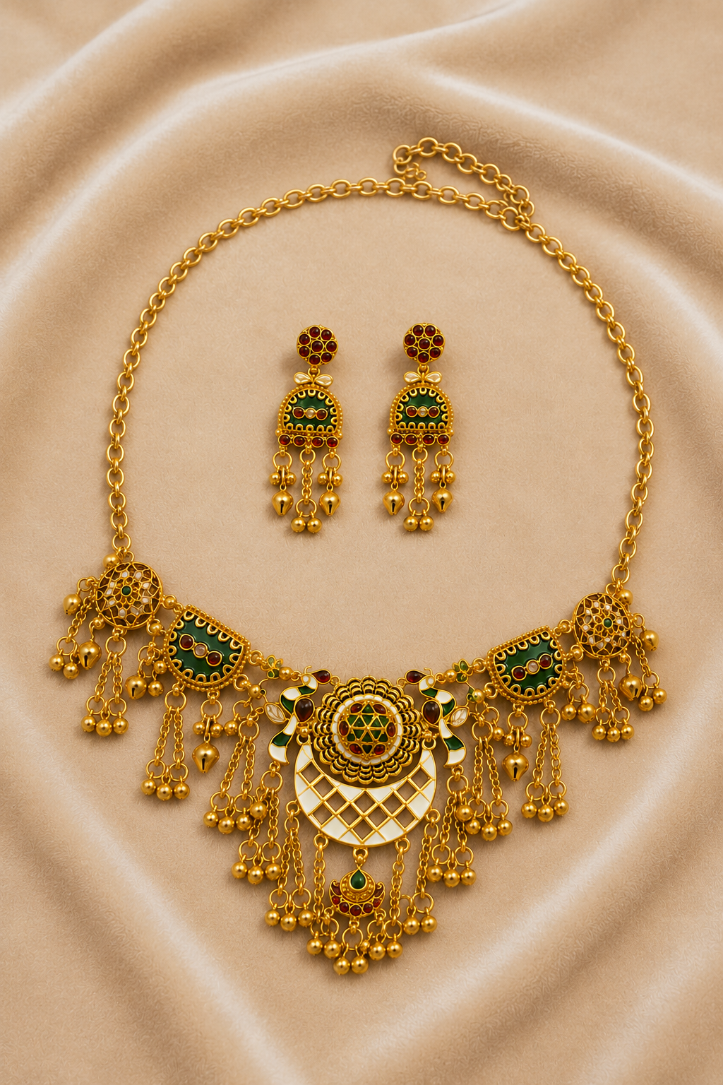 Gold Meenakari Choker Necklace Set with Ghungroo Tassels & Matching Earrings
