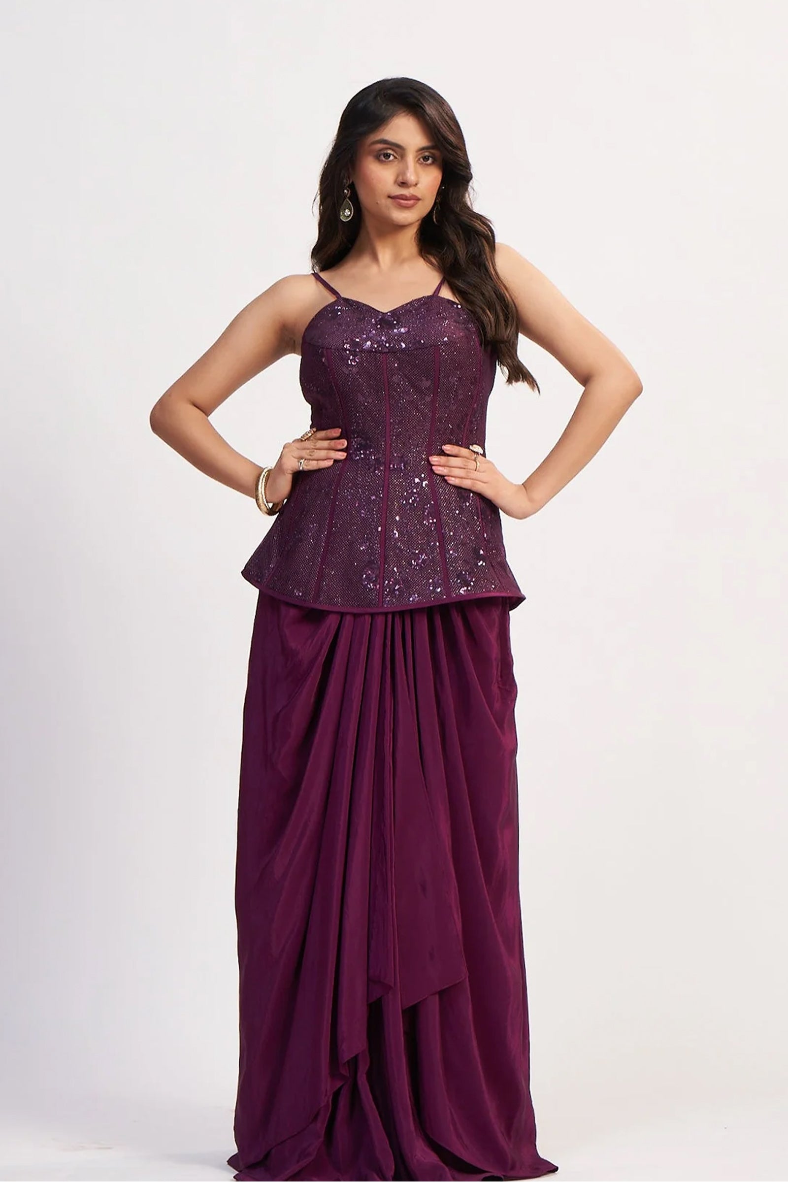 Wine Crepe Silk Ready-to-Wear Drape Saree with Hand-Embroidered Sequin Corset Top