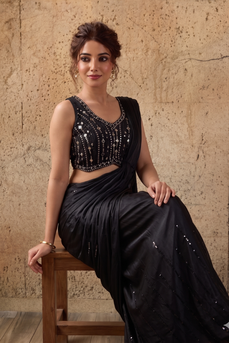 Black Lycra Pre-Draped Saree with Sequin Work and Ready to Wear Blouse