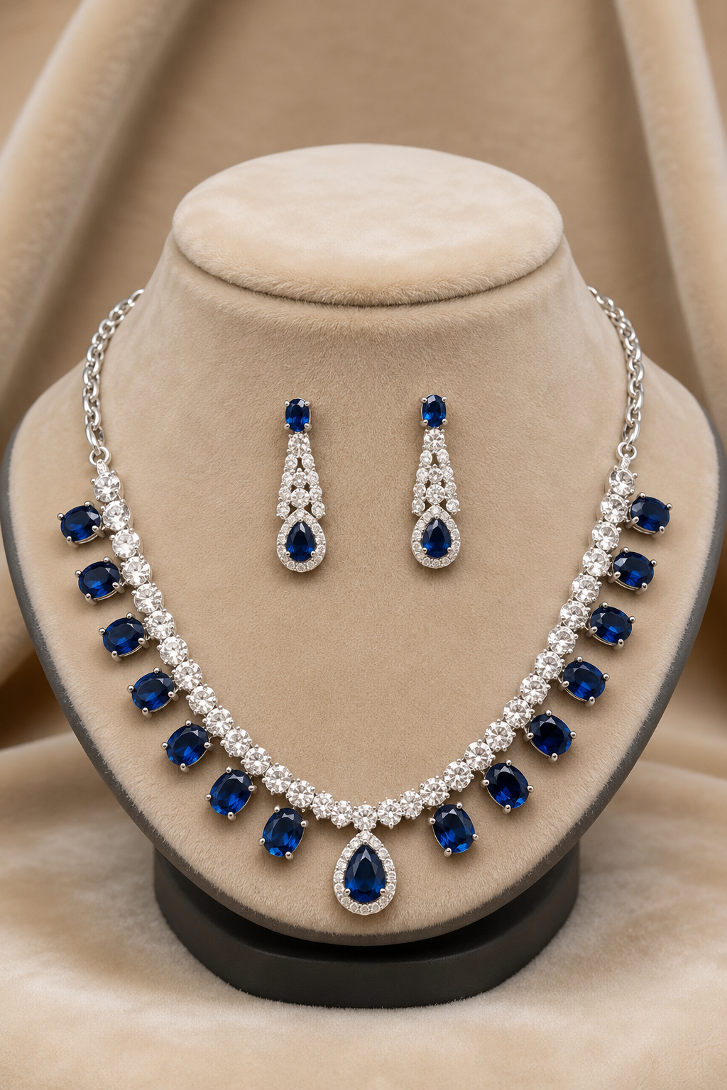 Emerald Teardrop Stone Necklace Set with American Diamond Detailing