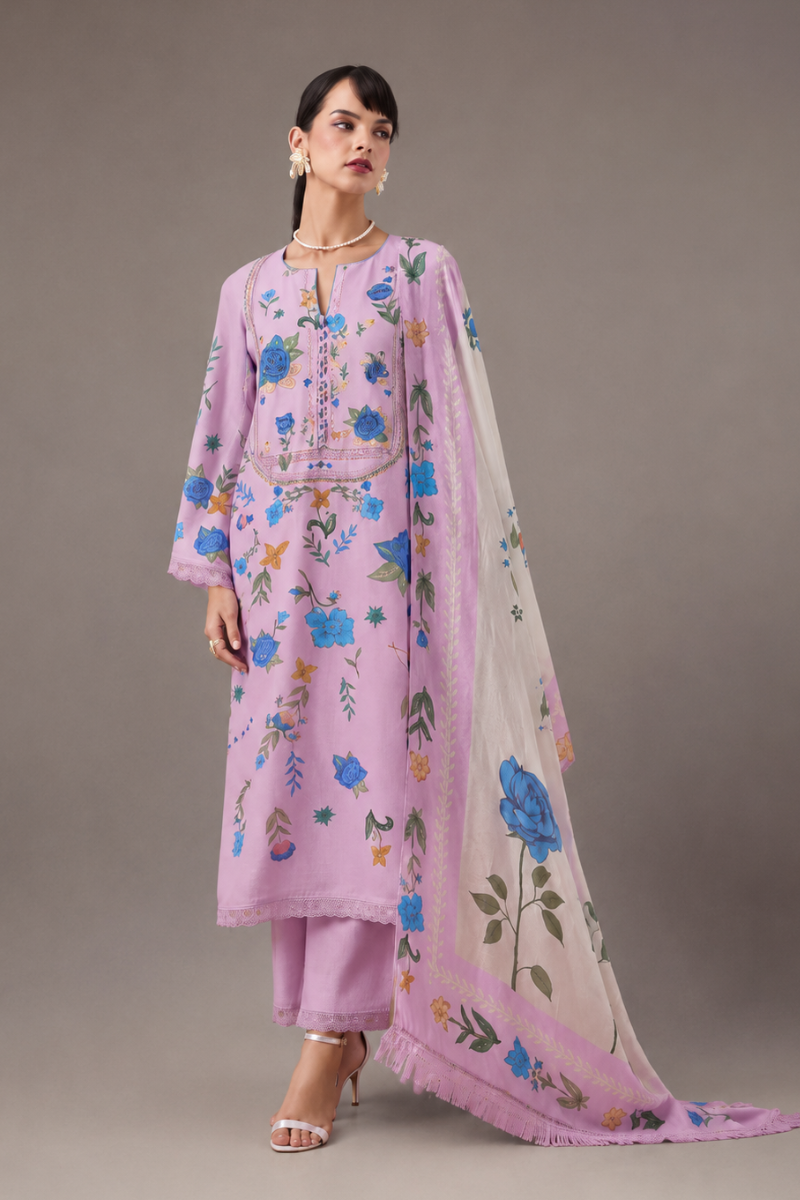 Baby Pink Pure Cotton Lawn Suit Set With Resham Embroidery, Digital Print & Scalloped Crochet Design