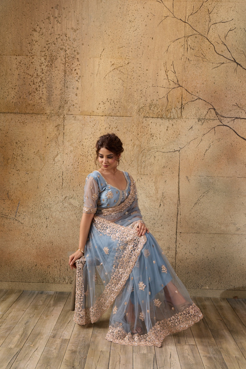 Dusty Blue Net Saree with Hand Embroidery with Stitched Blouse