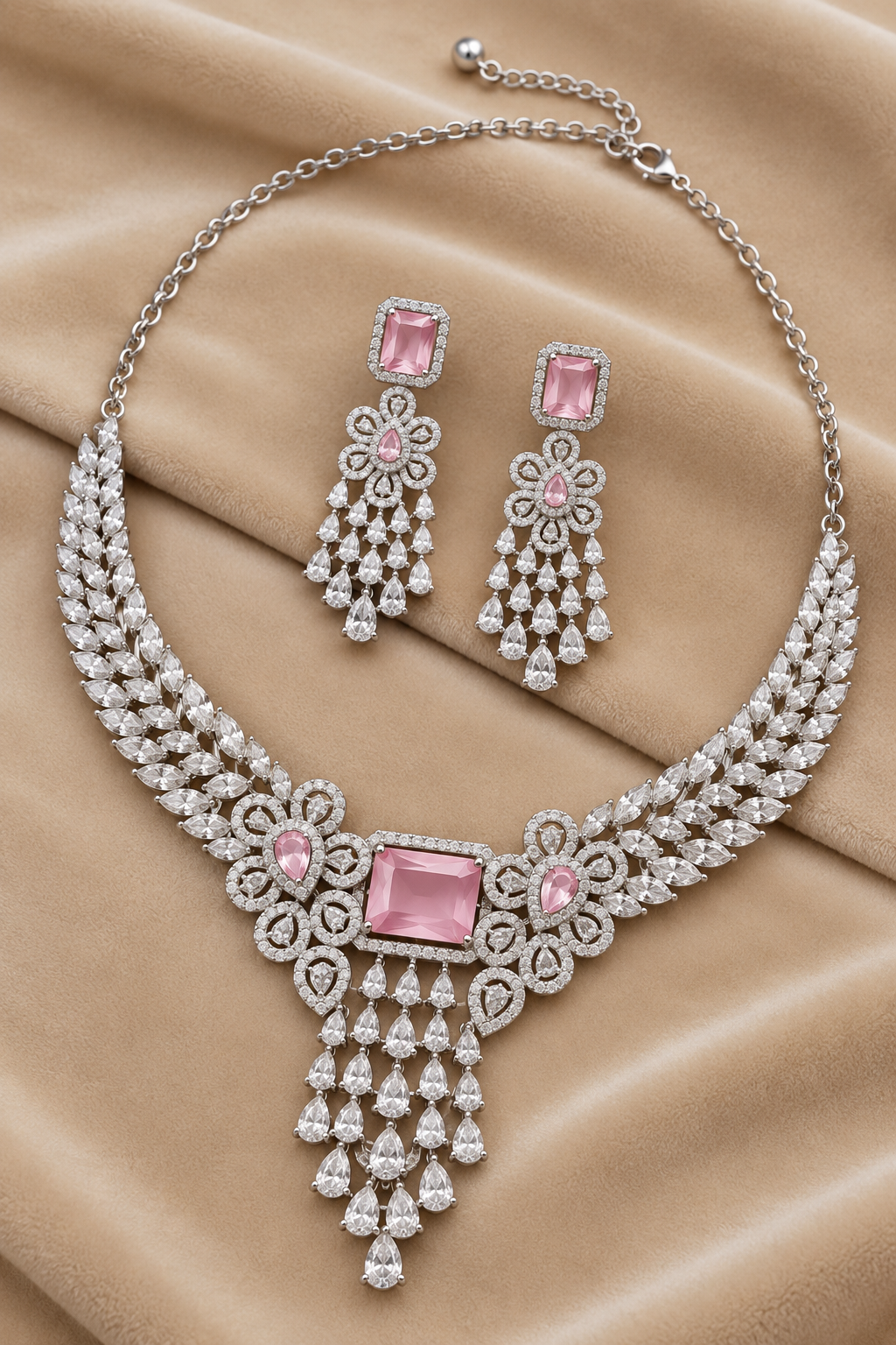 Pink Silver Tone American Diamond Necklace Set with Floral Motif
