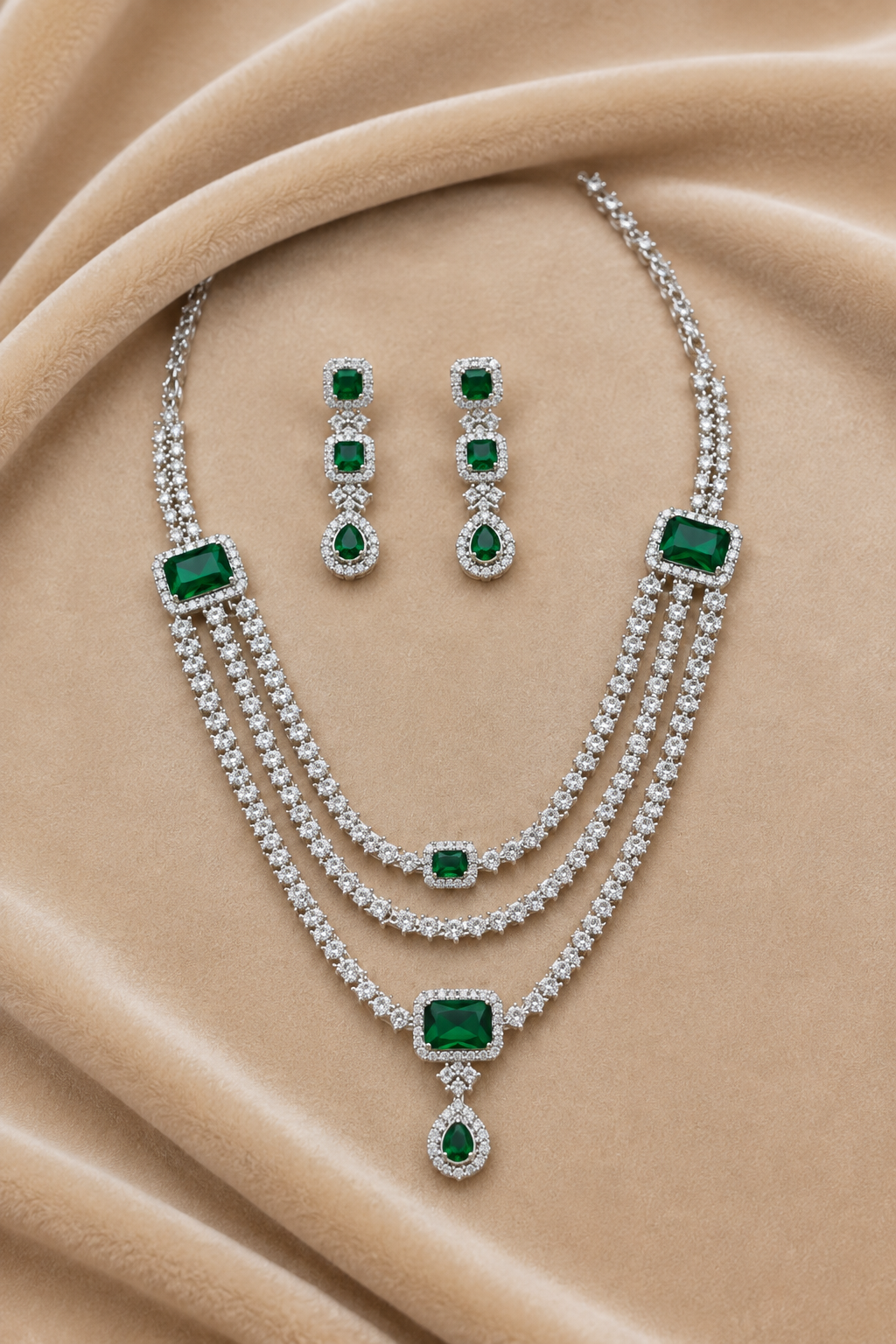 Royal Emerald Green Square-Cut American Diamond 3-Layer Necklace Set