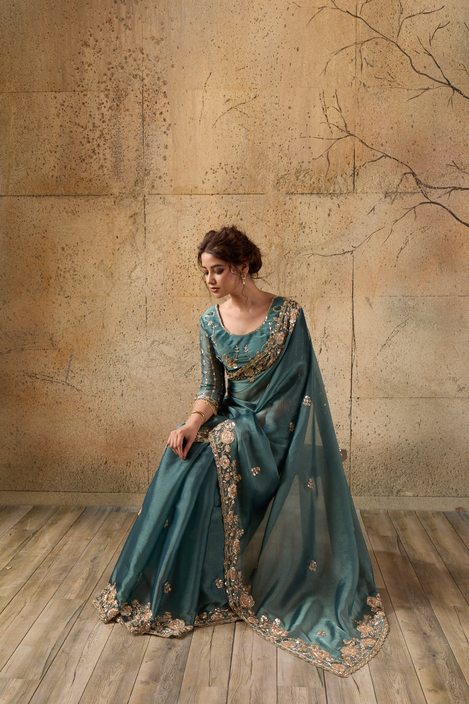 Bottle Green Organza Saree with Floral Hand Embroidery with Stitched Blouse
